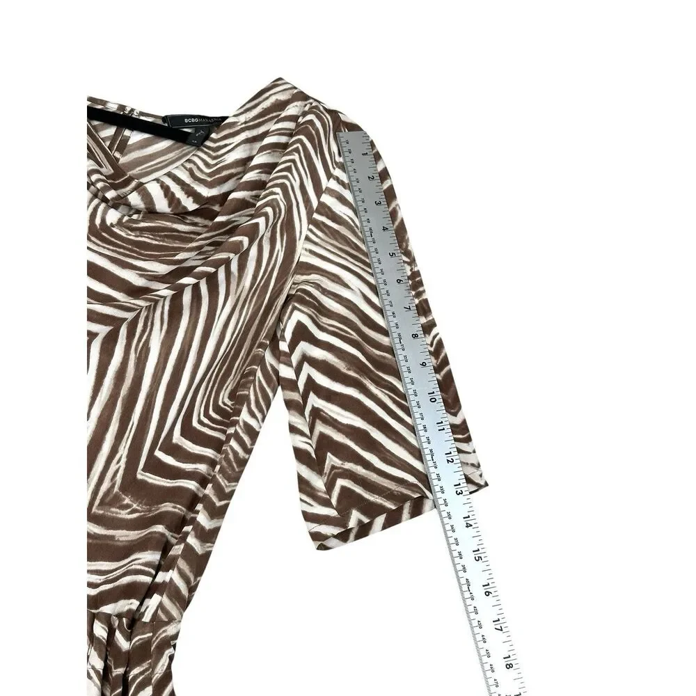 BCBGMAXAZRIA Silk Zebra Mini Dress XS Brown Ivory Belted Ruched Sleeve Pockets